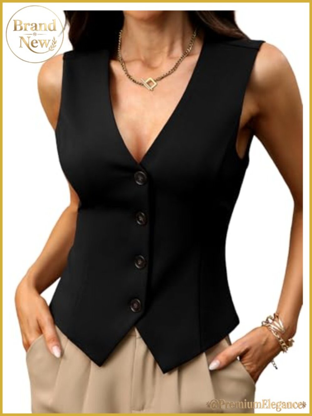 High Stretch V-Neck Button Knit Vest Top for Women Business Casual